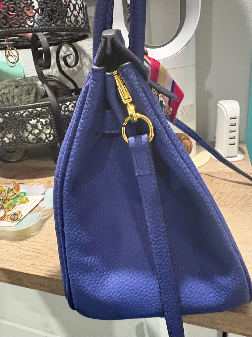 Royal Blue Structured Leather Satchel with Scarf Accent 30 cm size